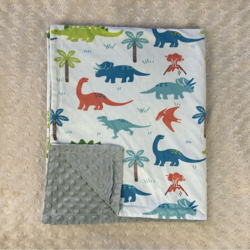 Homritar Dinosaur Baby Blanket Blue White Orange Gray Green Volcano Minky Dot